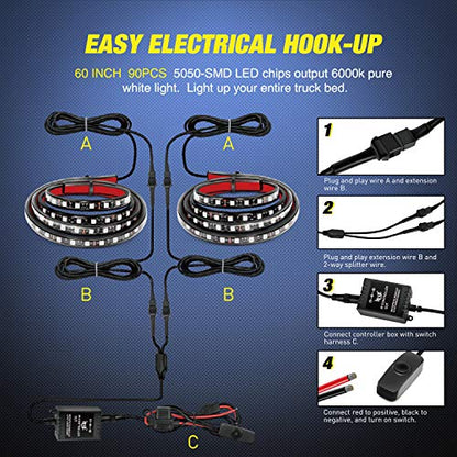 Nilight - TL-31 2PCS 60Inch RGB Truck Bed Light Strip Kit 180 LED RF Remote Control with On Off Switch Blade Fuse 2Way Splitter Extension Cable for Cargo Pickup Truck SUV RV Boat, 2 Years Warranty | 180 LED Cargo Light Strips with On/Off Switch, Fuse, Spl