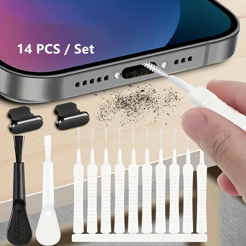 14 PCS Charging Port Cleaning Kit, Multifunction Nylon Brush Dust Cleaner, Anti-Clogging Speaker & Port Tools Compatible with Lightning & USB-C Mobile Electronic Devices