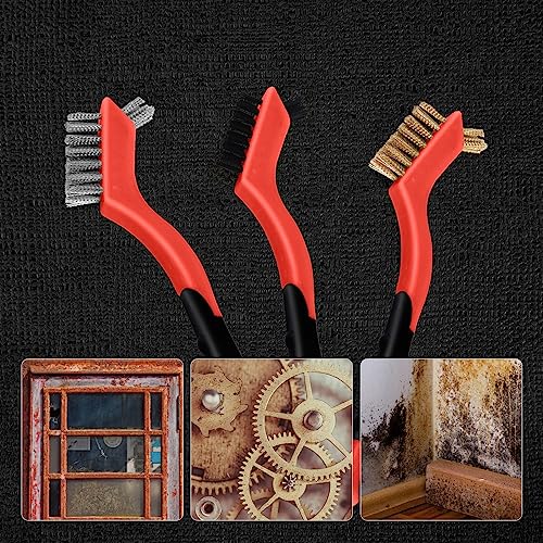 MAXMAN Wire Brush Set 3Pcs, Small Scratch Brush, Rust Scrub Detailing - style: 3 PCS Brass/Stainless Steel/Nylon Bristles Red