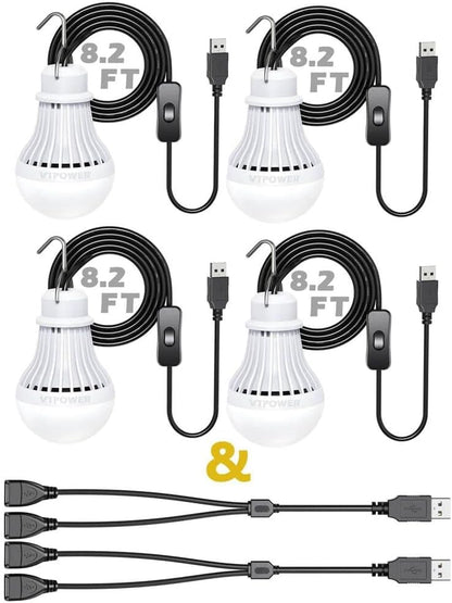 4 Pack USB LED Camping Lantern, 8.2 ft Extra Length Cord Tent Light with USB Y-Cable, Portable LED Bulb for Garage, Warehouse, Car, Truck, Fishing Boat, Room Emergency Light, White - style: 5W 4PCS