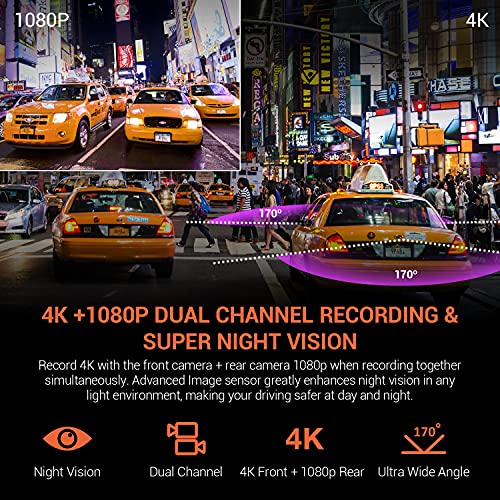 RexingUSA V1P 4K Dual Dash Cam, 4K+1080P Front & Rear, Wi-Fi, 2.4” LCD, 170° Wide Angle, Supercapacitor, G-Sensor, WDR, Loop Recording, App, 32GB Card & Hardwire Kit