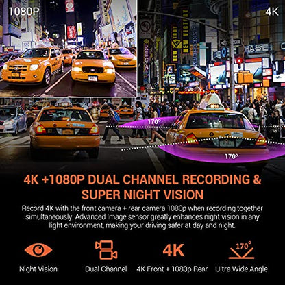 RexingUSA V1P 4K Dual Dash Cam, 4K+1080P Front & Rear, Wi-Fi, 2.4” LCD, 170° Wide Angle, Supercapacitor, G-Sensor, WDR, Loop Recording, App, 32GB Card & Hardwire Kit