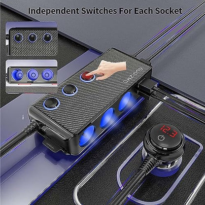 EUGIZMO 7 in 1 Car Cigarette Lighter Splitter,3 Socket 200W Charger Adapter
