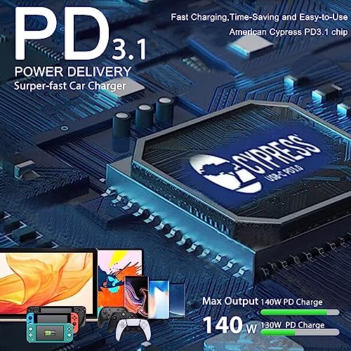 HKY 140W 135W 130W 100W 95W 90W USB-C Laptop Car Charger PD3.1 12V-24V DC Adapter for MacBook Pro 16" /MacBook Air,Dell XPS/Latitude/Precision/Chromebook,Lenovo,HP,Asus,Toshiba/Steam Deck/Tablet/Phone