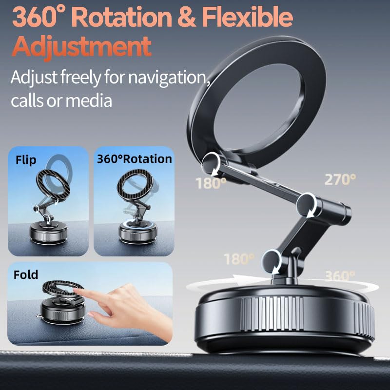 Compatible MagSafe Car Mount - GEATEE Vacuum Magnetic Phone Holder for Car, 360° Adjustable Foldable Car Dash Mount, Reinforced 110+LBS Suction Phone Mount for iPhone 17/16/15/14/13/12&Android, Carbon