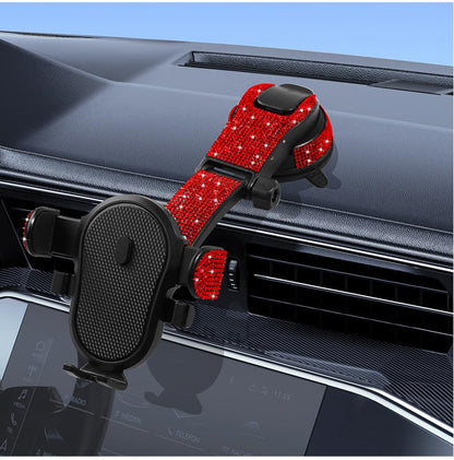 Bling Car Phone Mount, Dashboard&Windshield Universal Car Mount Phon e Holder,Cell Phone Navigation Holder with Suction Cup Base and Telescopic Arm, Red - color: Red
