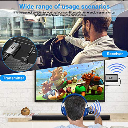 Bluetooth Car Adapter, Mini Bluetooth 5.0 Stereo Transmitter Receiver, Wireless 3.5mm Aux Jack Hands-Free Calls Kit Audio Adapter Built-in Mic for Car Speaker, Home Stereo, Headphones, PC,TV More