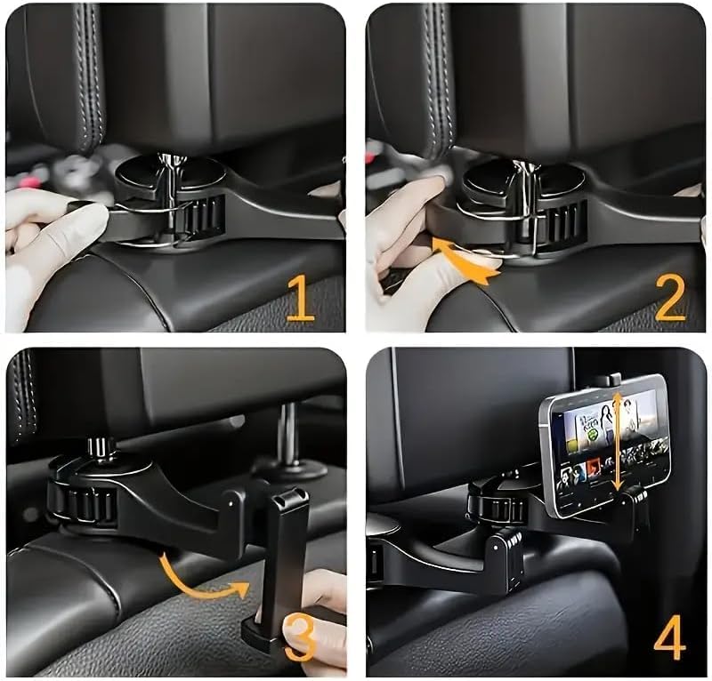 Generic 2-in-1 Car Seat Hooks with Phone Holder, Universal Fit, 2 Count, 33 lbs Capacity Each, Compatible with Car (Headrest), PORTABLE ELECTRONIC DEVICE MOUNT - color: Black, size: Seat Stand