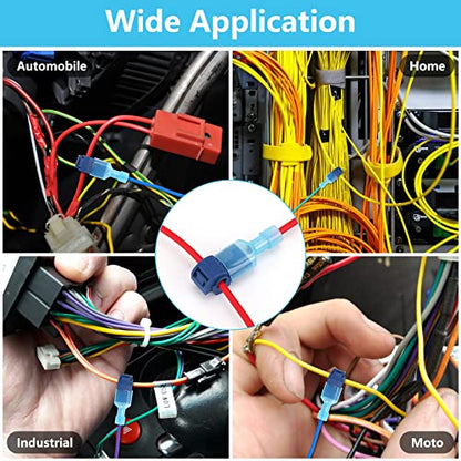 120 Pcs Quick Splice Wire Terminals, Male & Female Blue T-Tap Self-Stripping Quick Splice Connectors, Nylon Fully Insulated Quick Disconnects Kit 16-14 Gauge (60 Pairs)