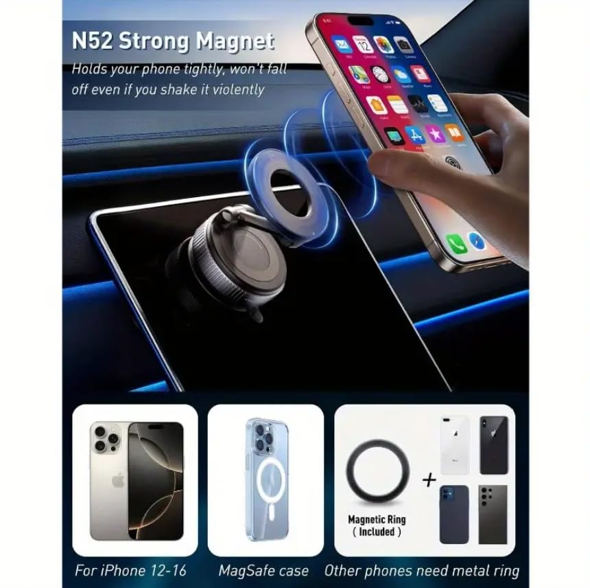 Car Phone Holder with Ultra Strong Vacuum Suction Cup - 360° Adjustable & Rotatable MagSafe Phone Mount for Car/Desk/Office/Gym/Mirror and Universal Use for iPhone, Android & Other Phones