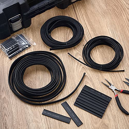 Boao 50ft PET Expandable Braided Cable Sleeve, Wire Loom Braid Sleeving with 127 Pieces Shrink Tube for Audio Video and Other Home Device Cable Automotive Wire(1/4 Inch, 1/2 Inch, 3/4 Inch,Black) - color: Black, size: 1/4 Inch, 1/2 Inch, 3/4 Inch
