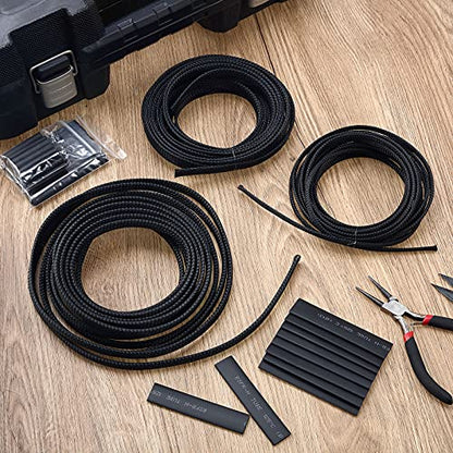 Boao 50ft PET Expandable Braided Cable Sleeve, Wire Loom Braid Sleeving with 127 Pieces Shrink Tube for Audio Video and Other Home Device Cable Automotive Wire(1/4 Inch, 1/2 Inch, 3/4 Inch,Black) - color: Black, size: 1/4 Inch, 1/2 Inch, 3/4 Inch