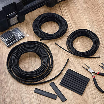 Boao 50ft PET Expandable Braided Cable Sleeve, Wire Loom Braid Sleeving with 127 Pieces Shrink Tube for Audio Video and Other Home Device Cable Automotive Wire(1/2 Inch, 1/4 Inch, 3/8 Inch,Black) - color: Black, size: 1/2 Inch, 1/4 Inch, 3/8 Inch