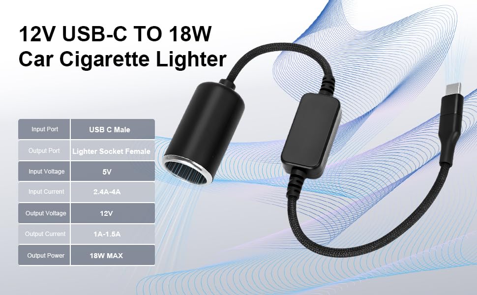 USB-C to 12V Cigarette Lighter Adapter, Car Charger