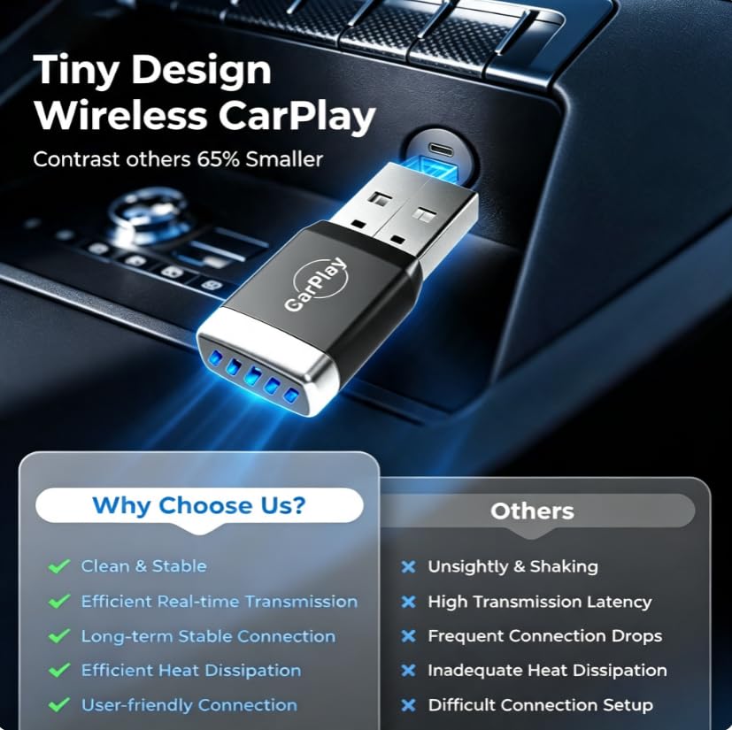 2026 Upgraded 2-in-1 Wireless CarPlay Adapter | A7 Chip & 5.8GHz High-Speed Transmission | Wired-to-Wireless Plug & Play | Supports iOS/Android Dual Systems | Ultra-Low Latency Seamless Connection