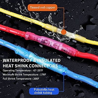 Heat Shrink Butt Connectors, 12-10 AWG Waterproof Crimp Terminals Electrical Wire Connectors Splice for Marine, Cable, Wiring - size: 12-10 AWG (Yellow)