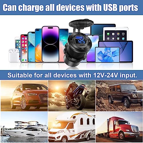 12V USB Car Socket Round USB C 12V Outlet, 3-Port Marine Fast Charger Waterproof Cigarette Outlet Replacement Aluminum with Switch & Voltmeter, Suitable for Boat Golf Cart RV Motorcycle Truck - color: pack of one